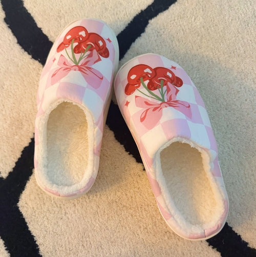 Cherry Bow Check Lounge Slippers - Sweet & Cozy